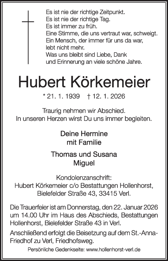 Traueranzeige von Hubert Körkemeier von Die Glocke