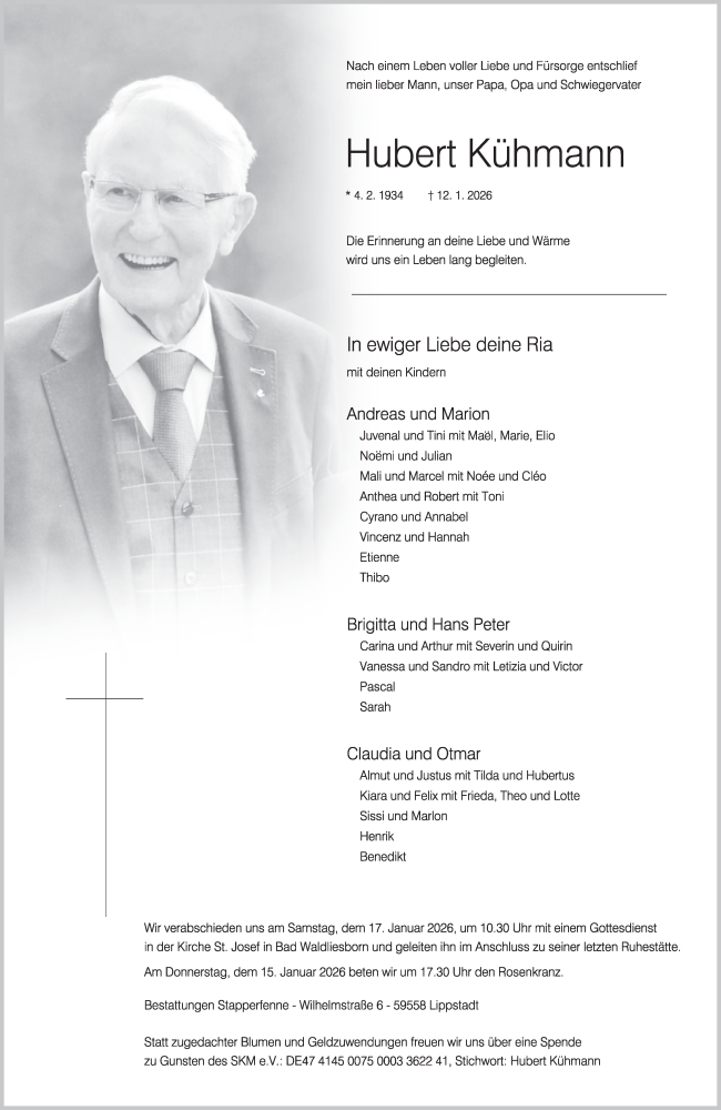  Traueranzeige für Hubert Kühmann vom 14.01.2026 aus Die Glocke