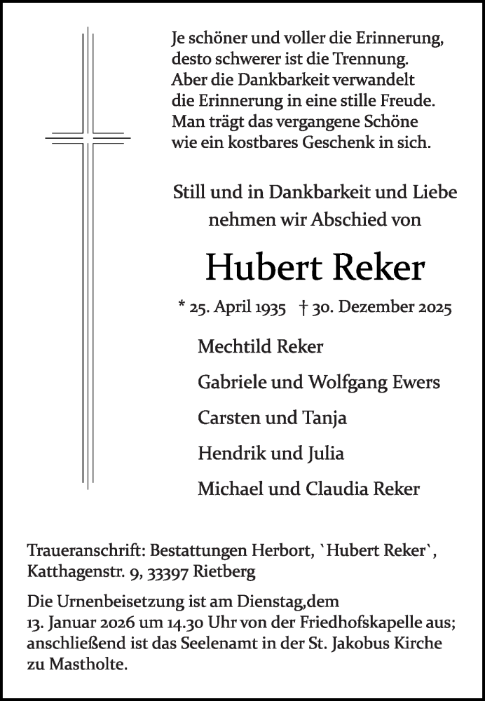  Traueranzeige für Hubert Reker vom 07.01.2026 aus Die Glocke