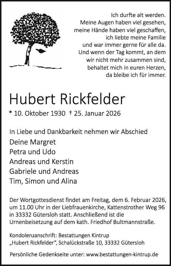 Traueranzeige von Hubert Rickfelder von Die Glocke