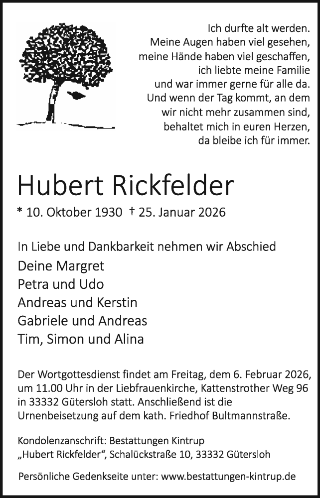  Traueranzeige für Hubert Rickfelder vom 31.01.2026 aus Die Glocke