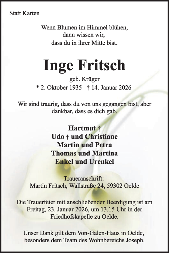 Traueranzeige von Inge Fritsch von Die Glocke