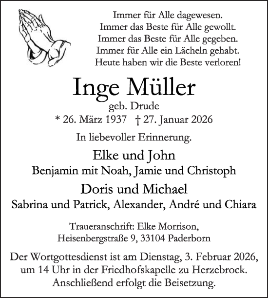 Traueranzeige von Inge Müller von Die Glocke