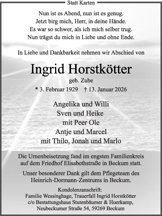 Traueranzeige von Ingrid Horstkötter von Die Glocke