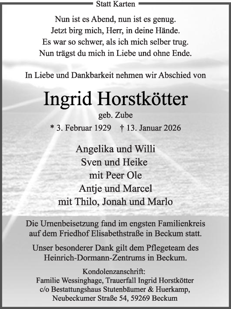  Traueranzeige für Ingrid Horstkötter vom 24.01.2026 aus Die Glocke