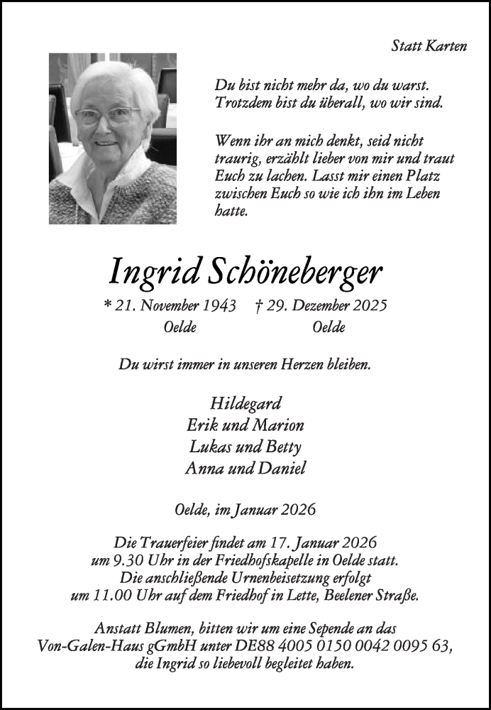  Traueranzeige für Ingrid Schöneberger vom 03.01.2026 aus Die Glocke