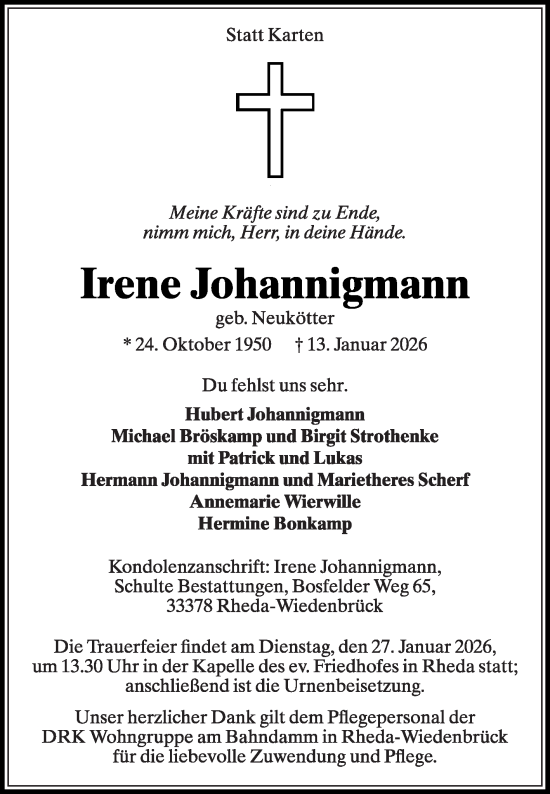 Traueranzeige von Irene Johannigmann von Die Glocke