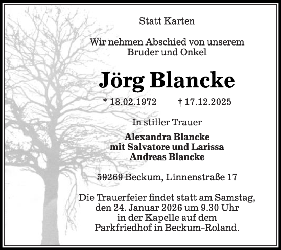 Traueranzeige von Jörg Blancke von Die Glocke