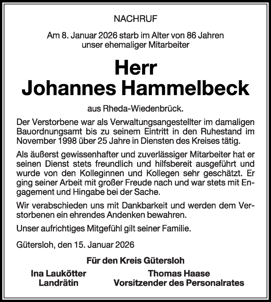  Traueranzeige für Johannes Hammelbeck vom 17.01.2026 aus Die Glocke