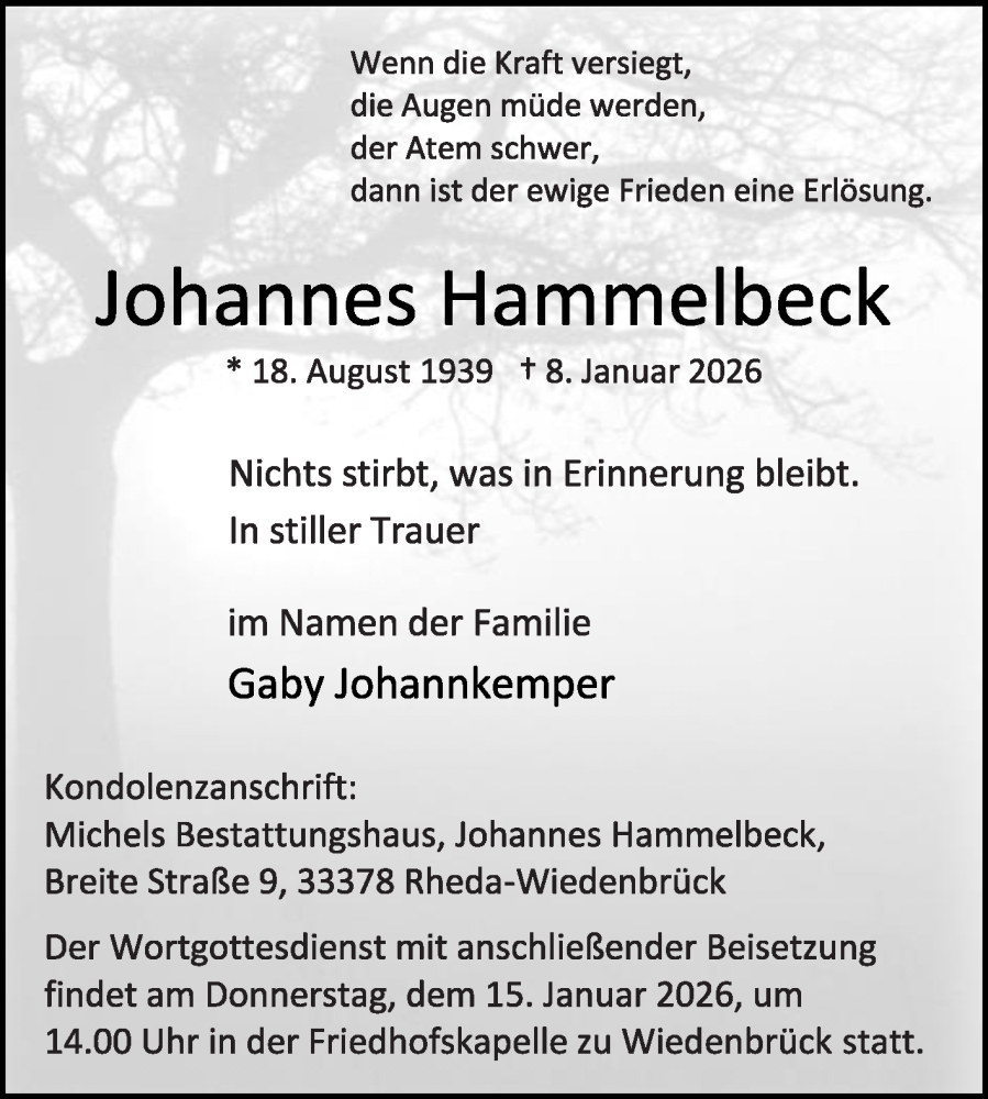  Traueranzeige für Johannes Hammelbeck vom 10.01.2026 aus Die Glocke