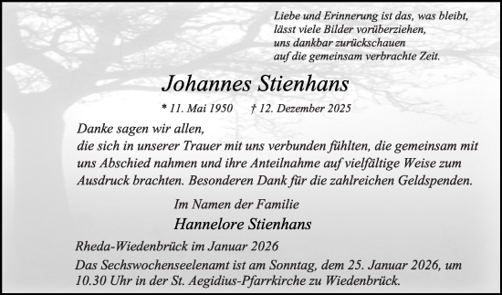 Traueranzeige von Johannes Stienhans von Die Glocke