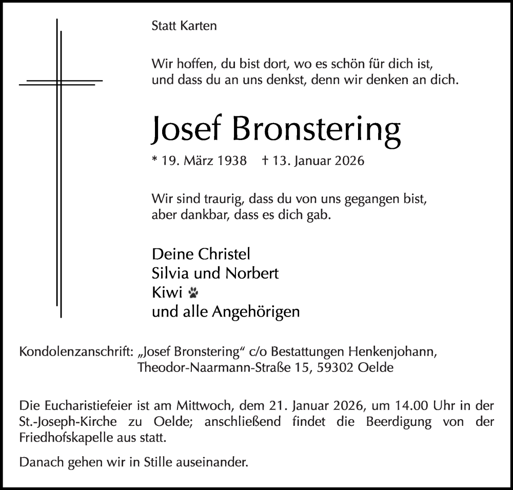  Traueranzeige für Josef Bronstering vom 17.01.2026 aus Die Glocke