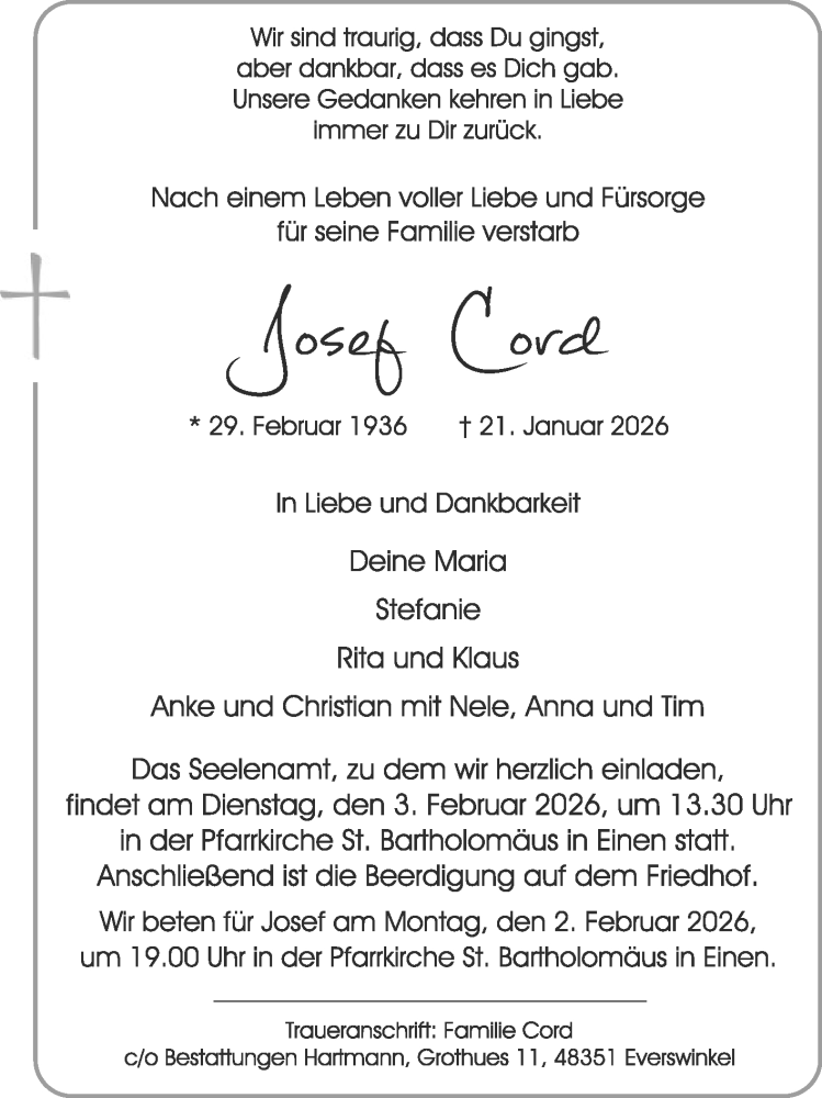  Traueranzeige für Josef Cord vom 28.01.2026 aus Die Glocke