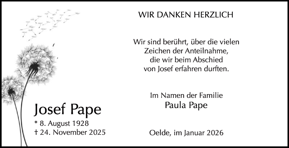  Traueranzeige für Josef Pape vom 14.01.2026 aus Die Glocke
