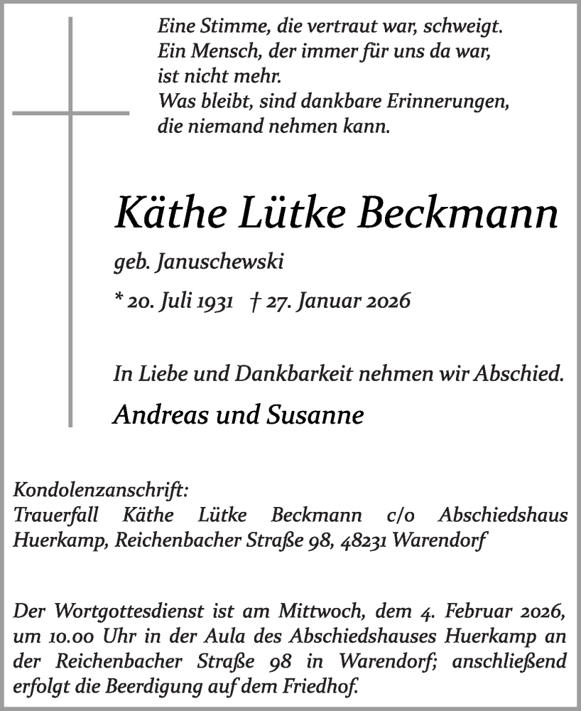  Traueranzeige für Käthe Lütke Beckmann vom 31.01.2026 aus Die Glocke