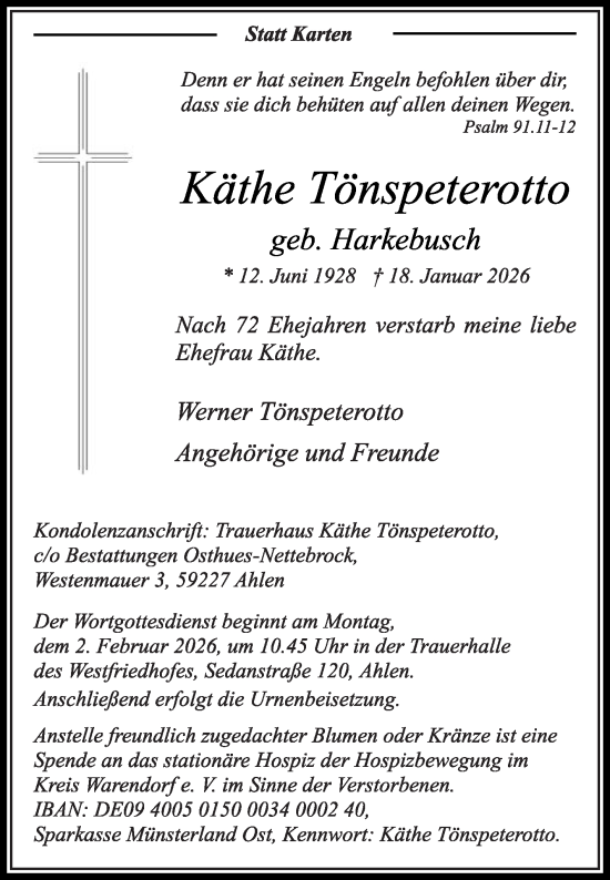 Traueranzeige von Käthe Tönspeterotto von Die Glocke