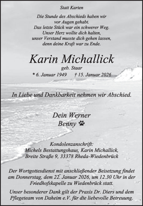 Traueranzeige von Karin Michallick von Die Glocke