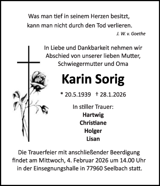 Traueranzeige von Karin Sorig von Die Glocke