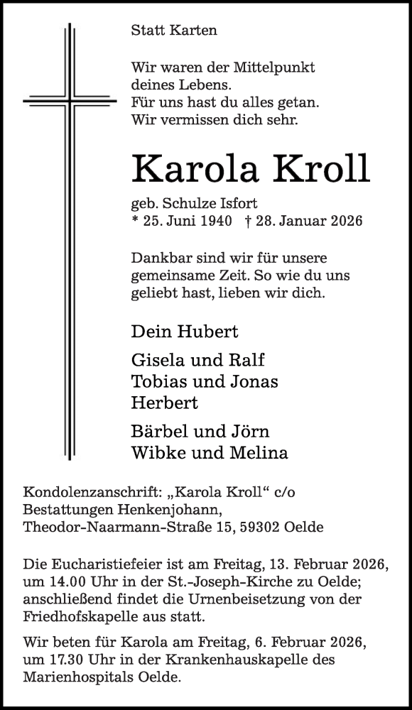  Traueranzeige für Karola Kroll vom 31.01.2026 aus Die Glocke