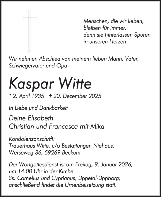Traueranzeige von Kaspar Witte von Die Glocke