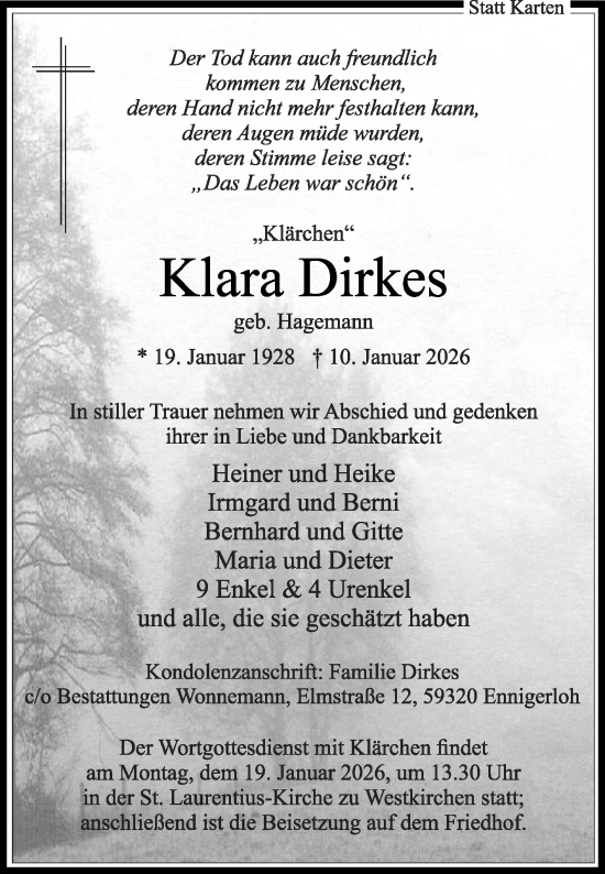 Traueranzeige von Klara Dirkes von Die Glocke