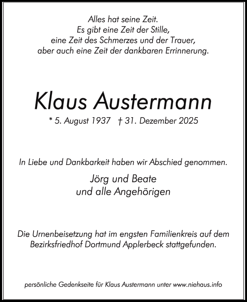  Traueranzeige für Klaus Austermann vom 17.01.2026 aus Die Glocke