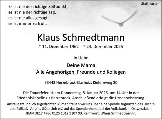Traueranzeige von Klaus Schmedtmann von Die Glocke
