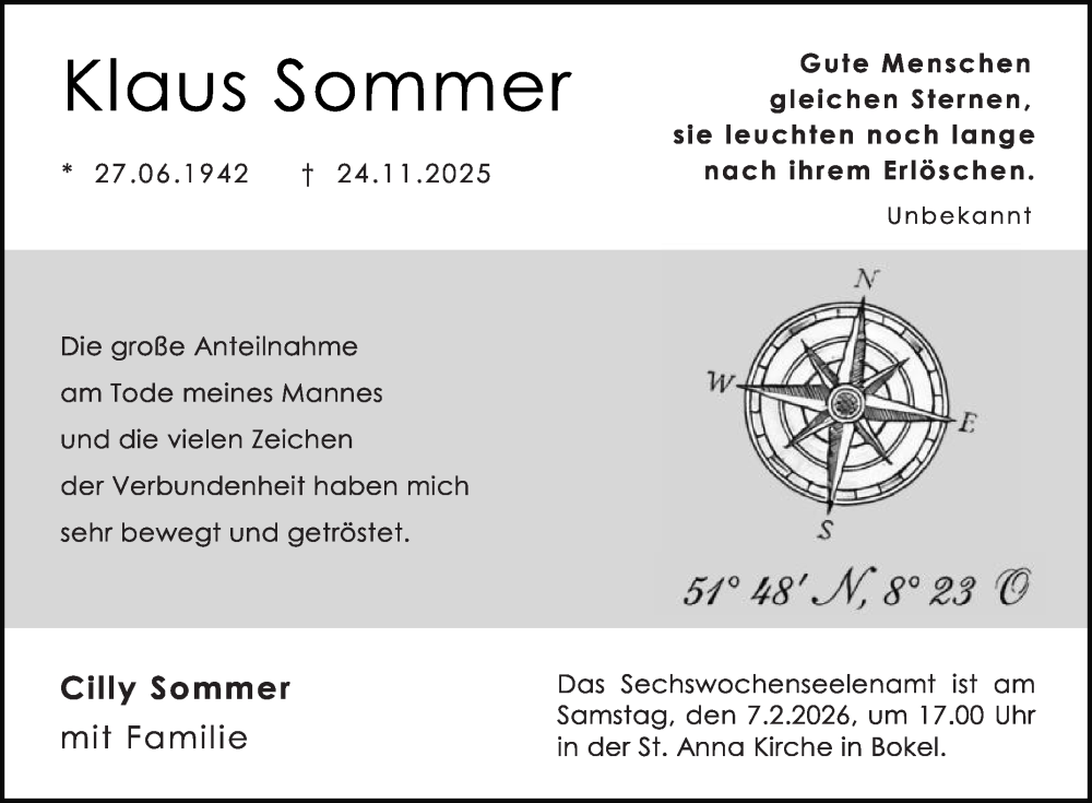  Traueranzeige für Klaus Sommer vom 31.01.2026 aus Die Glocke