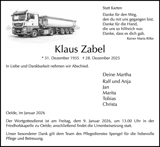Traueranzeige von Klaus Zabel von Die Glocke