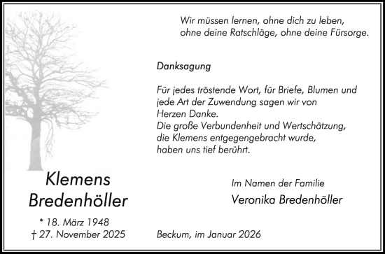 Traueranzeige von Klemens Bredenhöller von Die Glocke