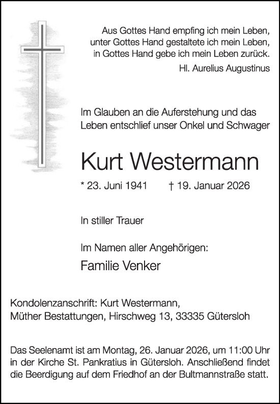 Traueranzeige von Kurt Westermann von Die Glocke