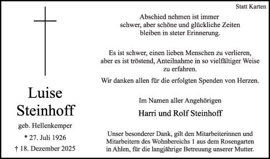 Traueranzeige von Luise Steinhoff von Die Glocke