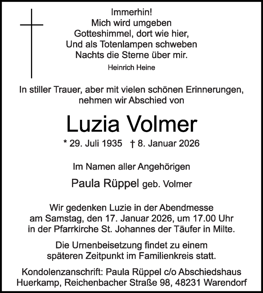  Traueranzeige für Luzia Vollmer vom 14.01.2026 aus Die Glocke