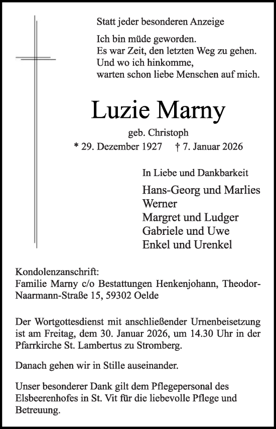 Traueranzeige von Luzie Marny von Die Glocke