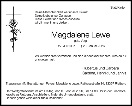 Traueranzeige von Magdalene Lewe von Die Glocke
