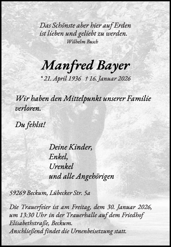 Traueranzeige von Manfred Bayer von Die Glocke