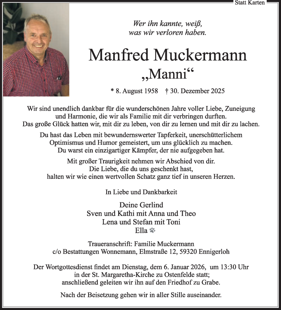  Traueranzeige für Manfred Muckermann vom 03.01.2026 aus Die Glocke