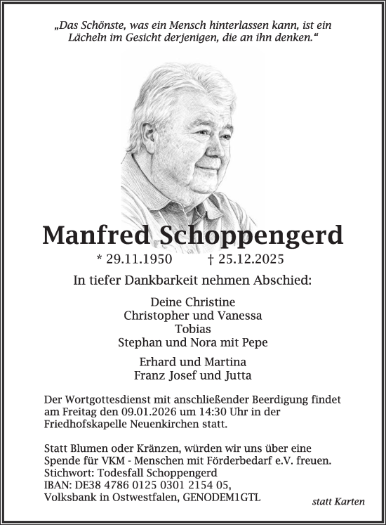 Traueranzeige von Manfred Schoppengerd von Die Glocke