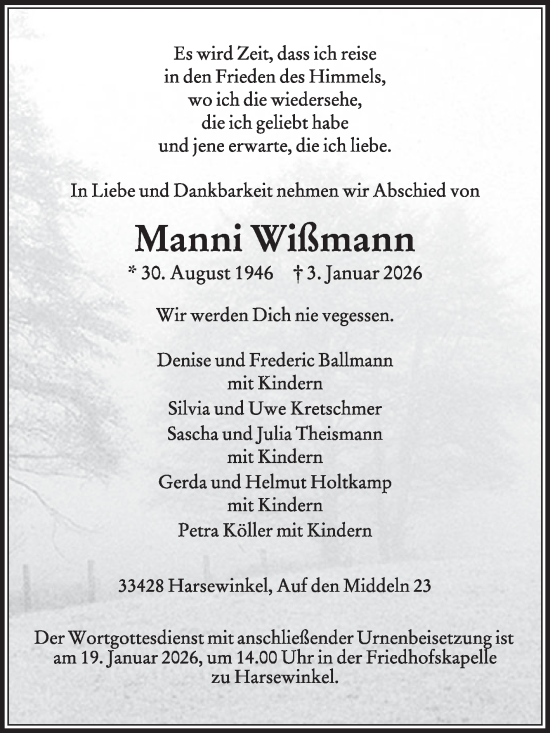 Traueranzeige von Manni Wißmann von Die Glocke