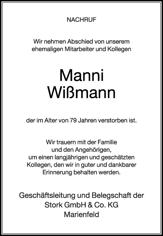 Traueranzeige von Manni Wißmann von Die Glocke