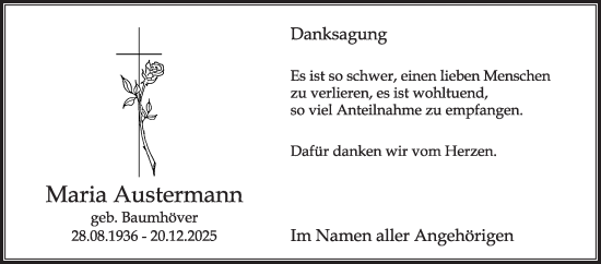 Traueranzeige von Maria Austermann von Die Glocke