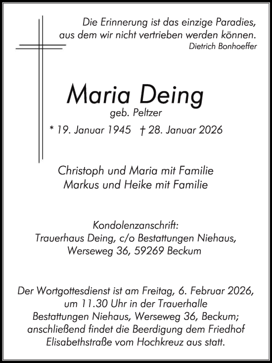 Traueranzeige von Maria Deing von Die Glocke
