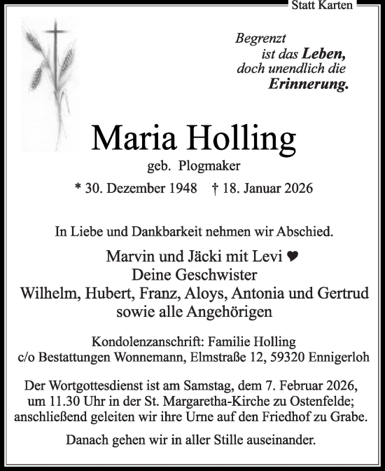 Traueranzeige von Maria Holling von Die Glocke