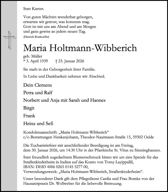 Traueranzeige von Maria Holtmann-Wibberich von Die Glocke
