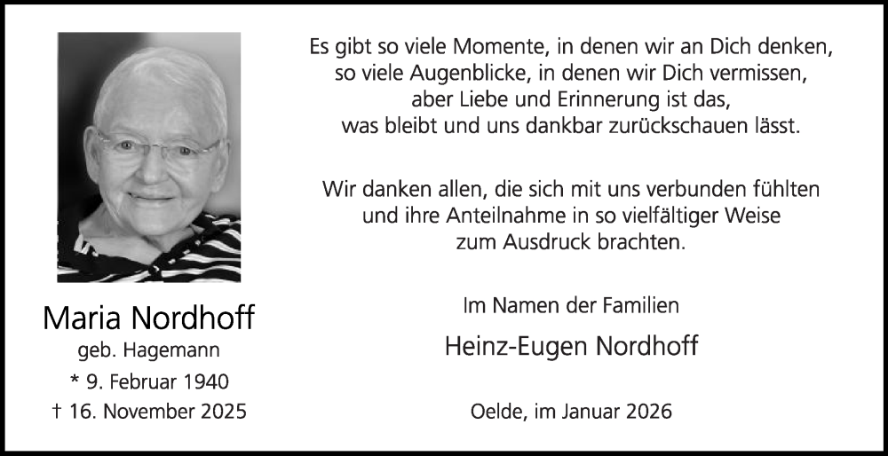  Traueranzeige für Maria Nordhoff vom 17.01.2026 aus Die Glocke