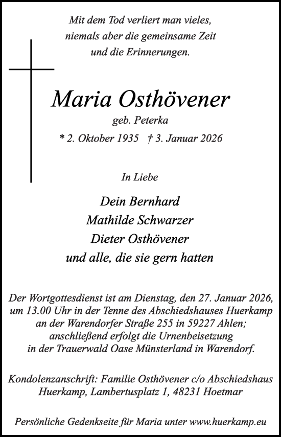 Traueranzeige von Maria Osthövener von Die Glocke
