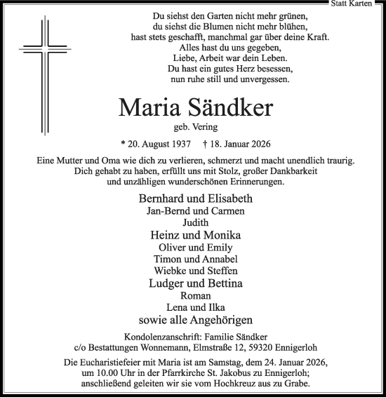 Traueranzeige von Maria Sändker von Die Glocke