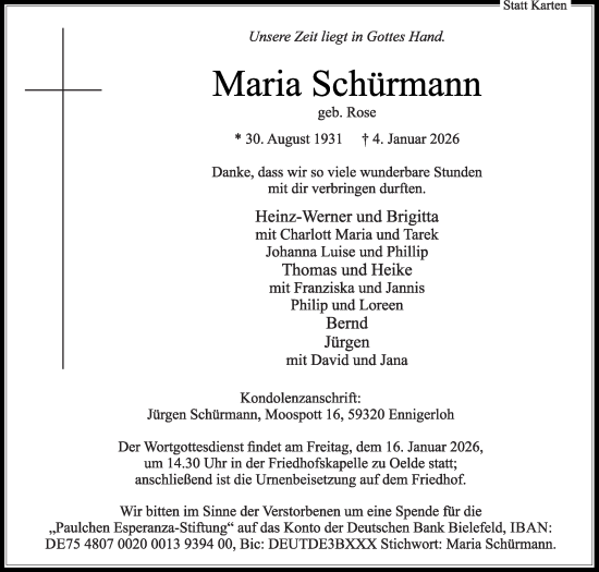 Traueranzeige von Maria Schürmann von Die Glocke