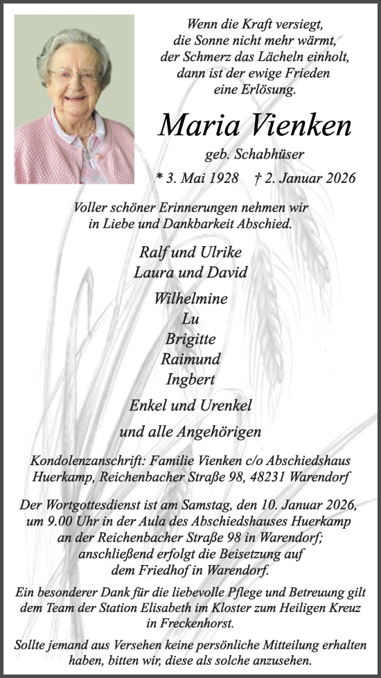 Traueranzeige von Maria Vienken von Die Glocke