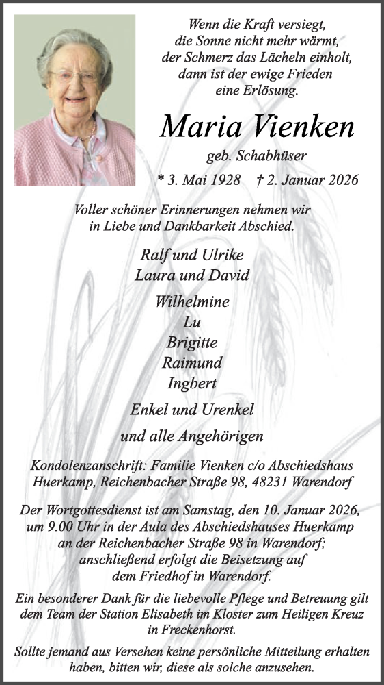  Traueranzeige für Maria Vienken vom 07.01.2026 aus Die Glocke